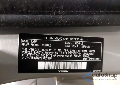 2008 Volvo S80 3.2 z USA, uszkodzony, nr VIN YV1AS982781063928